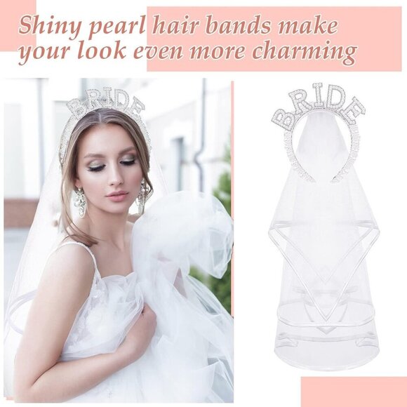 Bride Headband with Veil Pearl White Bridal Headpiece for Wedding Bachelorette main image 6